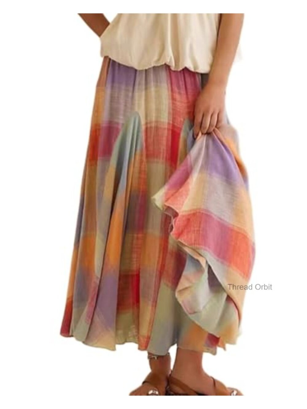 Flowy Long Skirt Elastic Waist Ruffle Hem A-Line Rayon Blend Summer